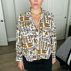 Christina Geometric Print Button-Down Shirt - Green and Brown